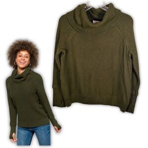 Market & Spruce Olive Green Cowl Neck Waffle‎ Knit Sweater Thumbholes XL Cozy
